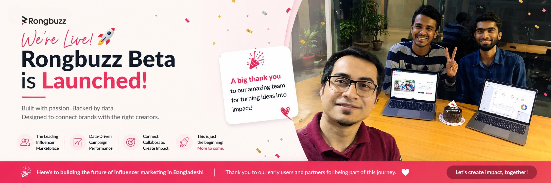 Rongbuzz team celebrating beta launch